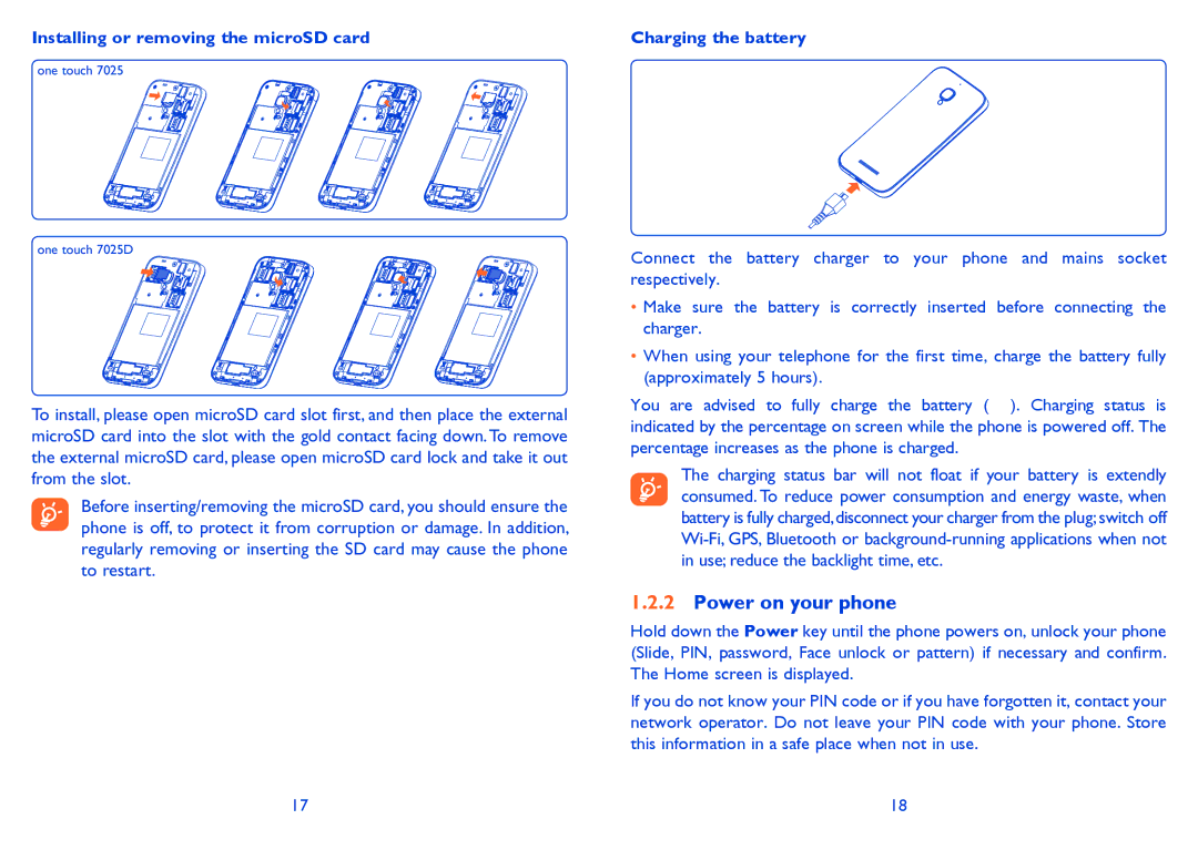 Alcatel 7025D manual Power on your phone, Installing or removing the microSD card, Charging the battery 