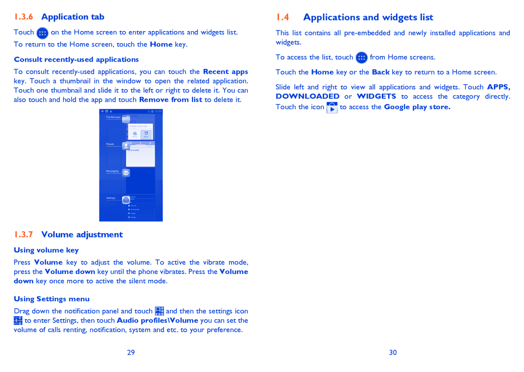 Alcatel 7025D manual Applications and widgets list, Application tab, Volume adjustment 