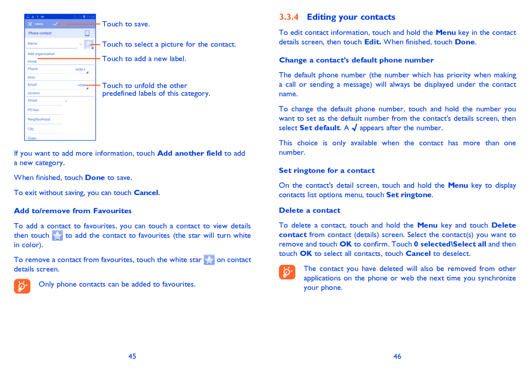 Alcatel 7025D manual Editing your contacts, Add to/remove from Favourites, Change a contact’s default phone number 