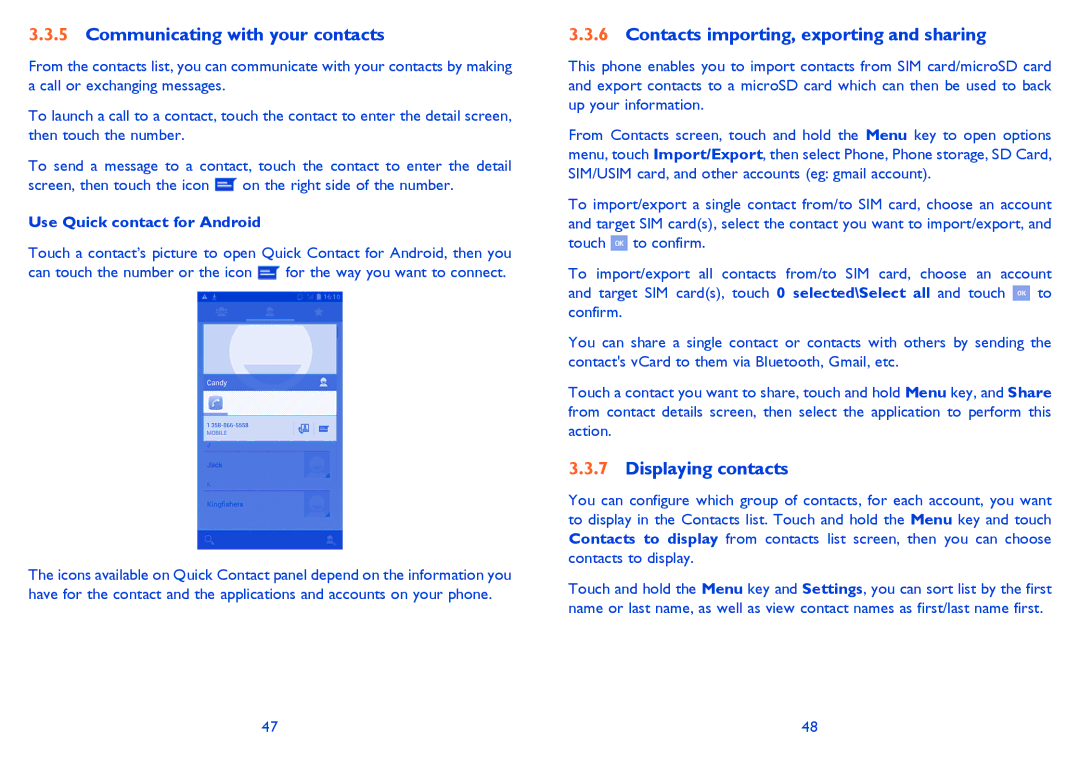 Alcatel 7025D manual Communicating with your contacts, Contacts importing, exporting and sharing, Displaying contacts 