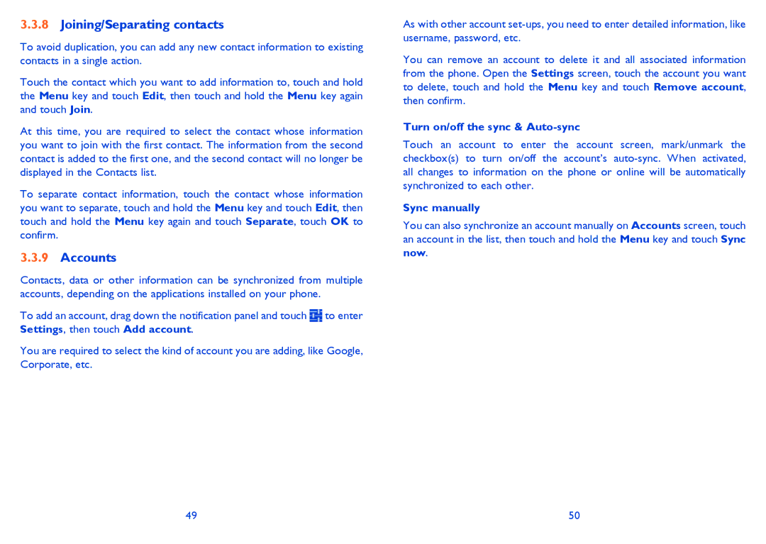 Alcatel 7025D Joining/Separating contacts, Accounts, Turn on/off the sync & Auto-sync, Sync manually 