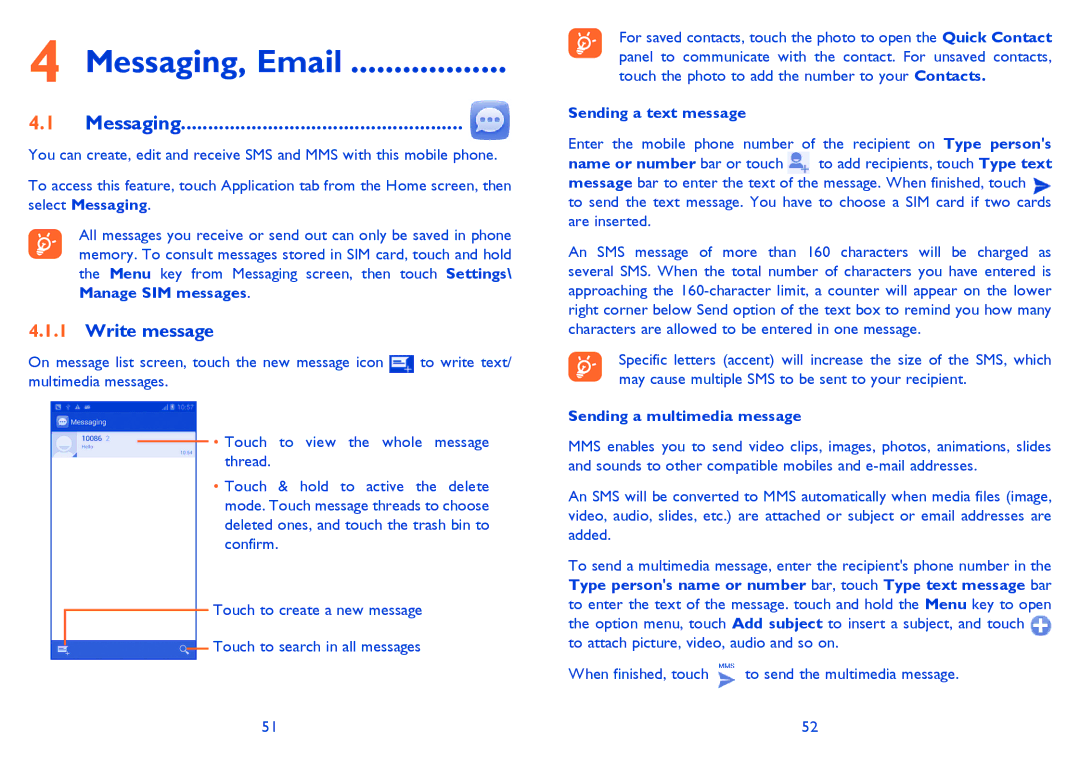Alcatel 7025D manual Messaging, Email, Write message, Sending a text message, Sending a multimedia message 