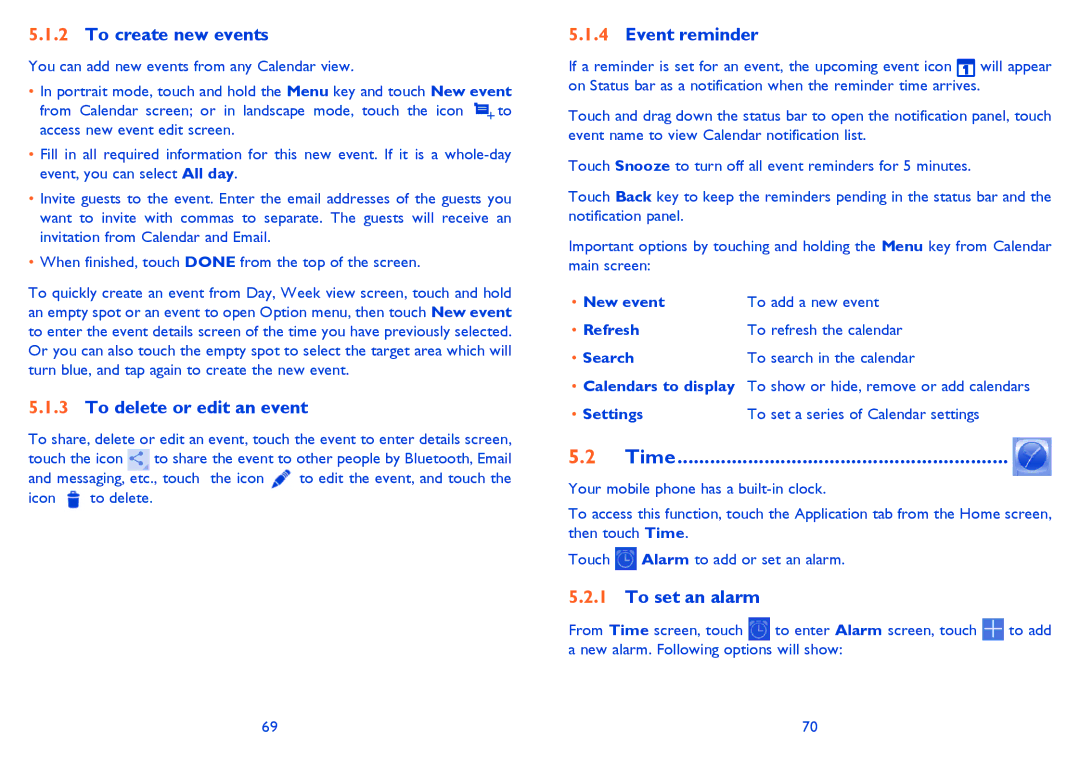 Alcatel 7025D manual To create new events, To delete or edit an event, Event reminder, Time, To set an alarm 