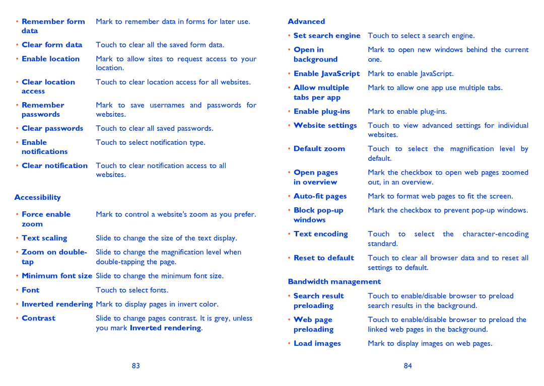 Alcatel 7025D Passwords websites, Enable, Accessibility, Tap, Font, Contrast, You mark Inverted rendering, Advanced, Open 
