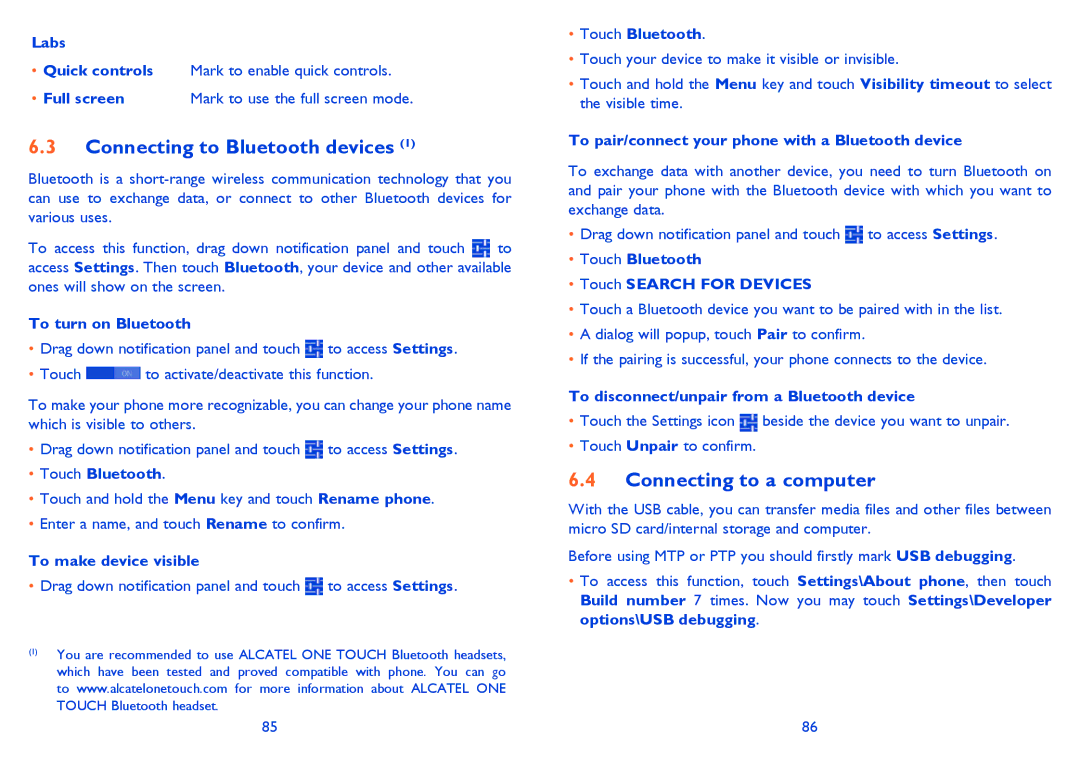 Alcatel 7025D manual Connecting to Bluetooth devices, Connecting to a computer 