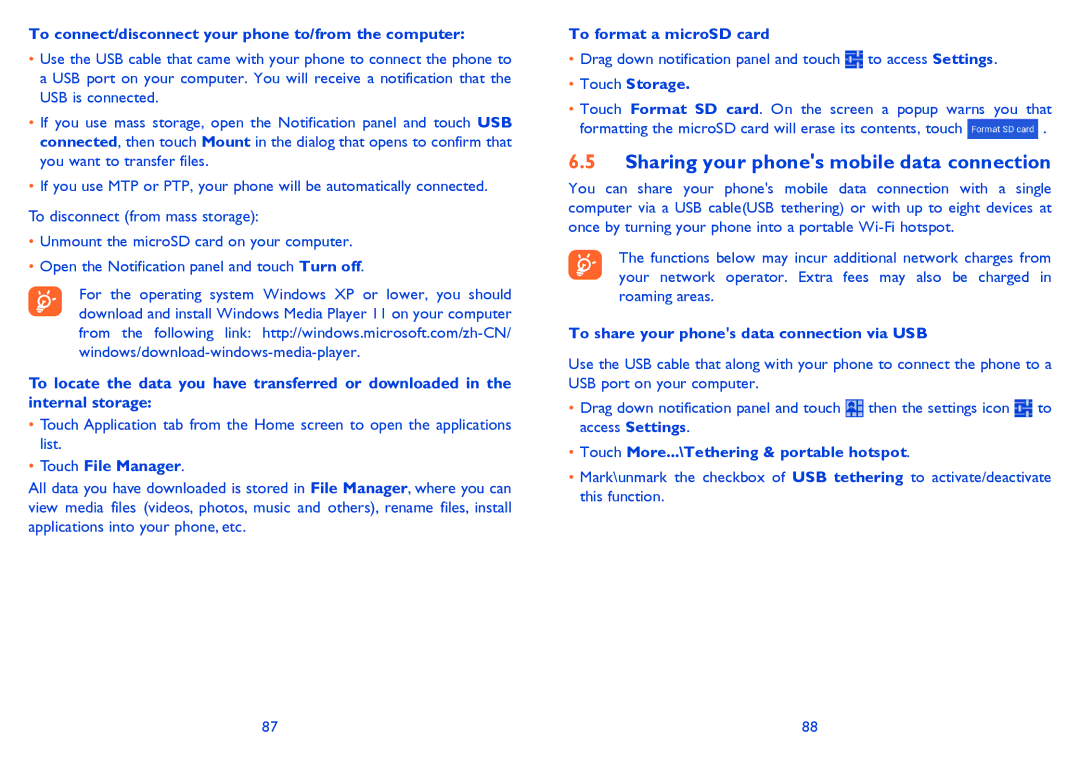 Alcatel 7025D manual Sharing your phones mobile data connection 