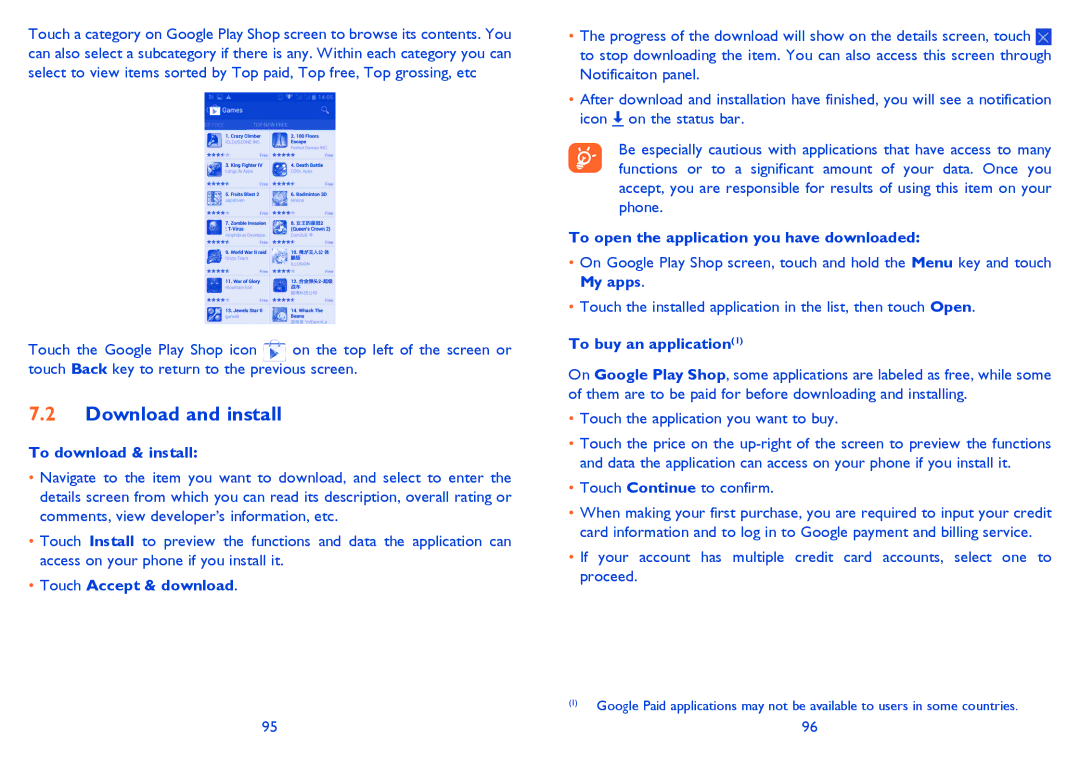 Alcatel 7025D manual Download and install, To download & install, Touch Accept & download, To buy an application1 