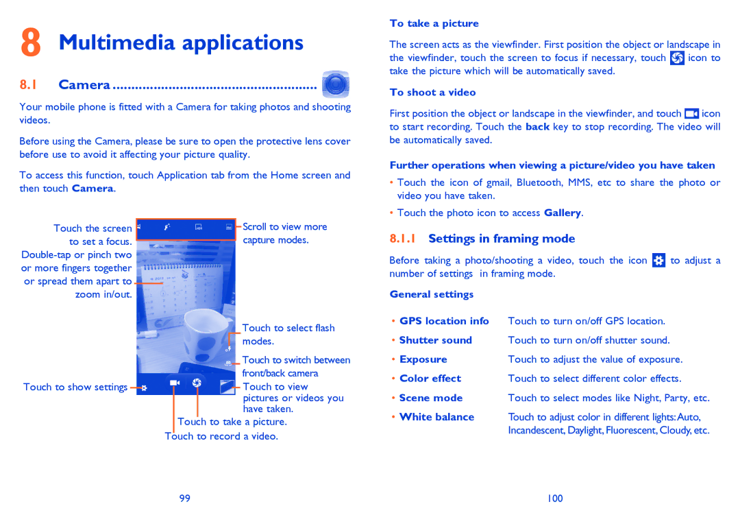 Alcatel 7025D manual Multimedia applications, Camera, Settings in framing mode 