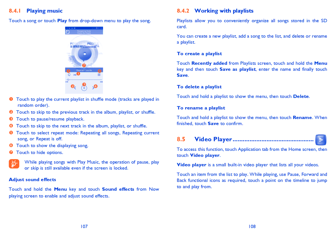 Alcatel 7025D manual Playing music, Working with playlists, Video Player 