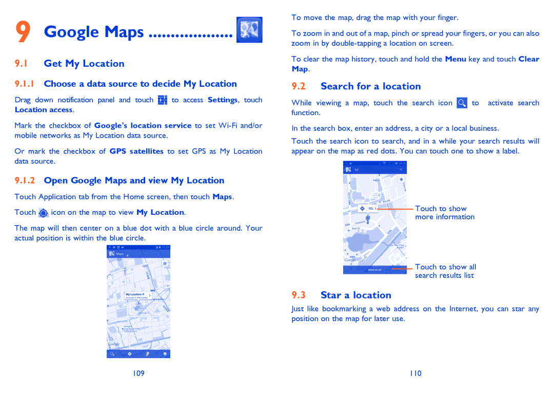Alcatel 7025D manual Google Maps, Get My Location, Search for a location, Star a location 