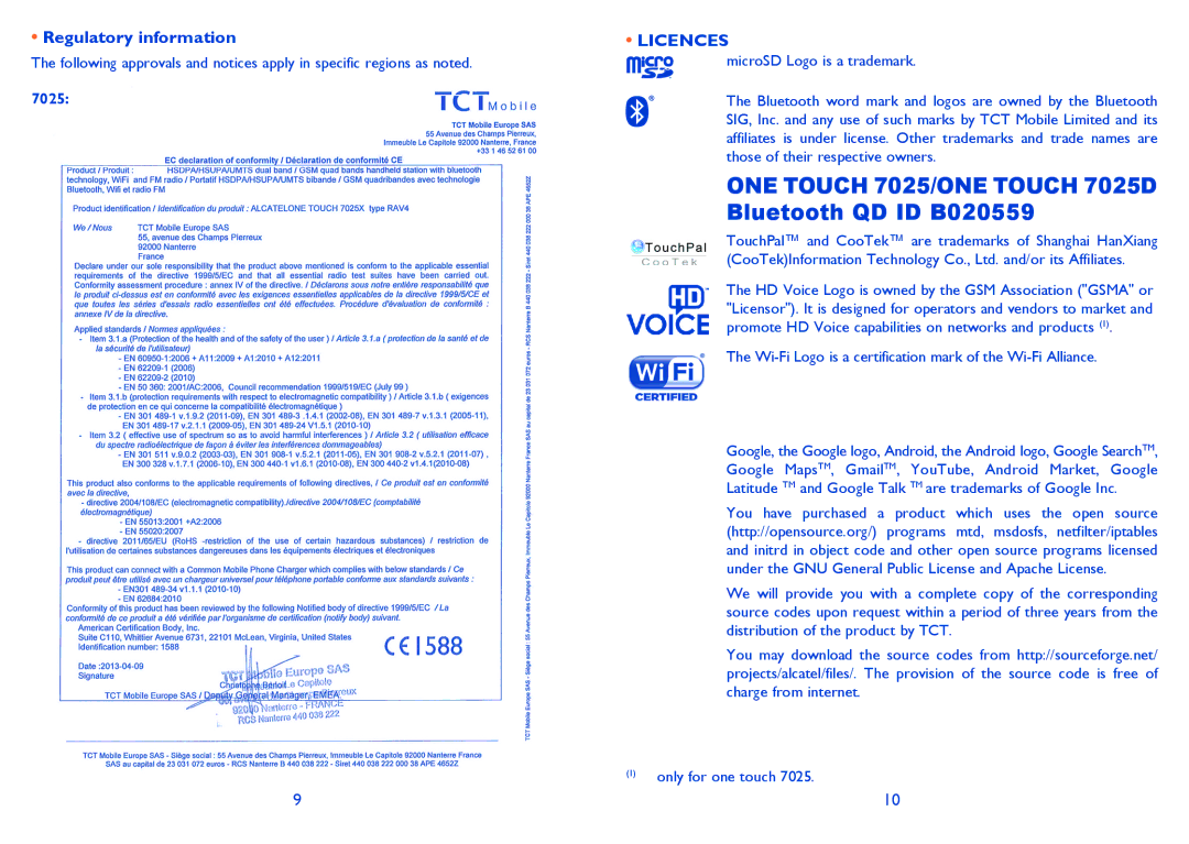 Alcatel manual ONE Touch 7025/ONE Touch 7025D Bluetooth QD ID B020559, Regulatory information 