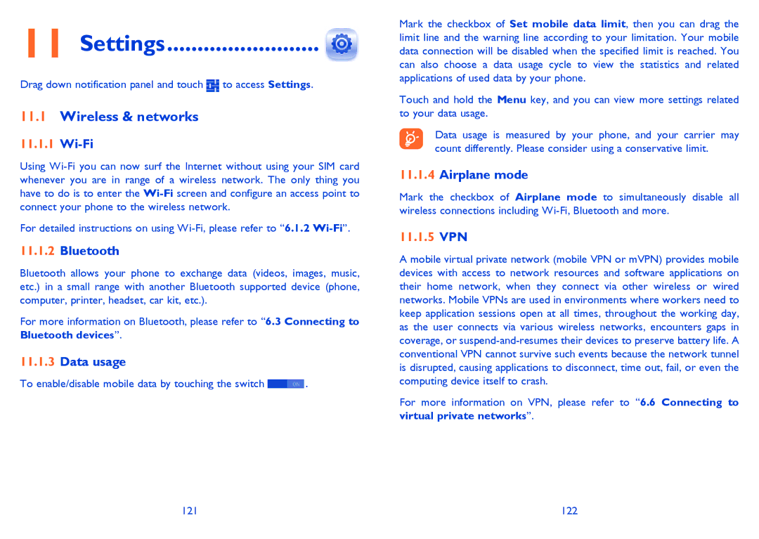 Alcatel 7025D manual Settings, Wireless & networks 