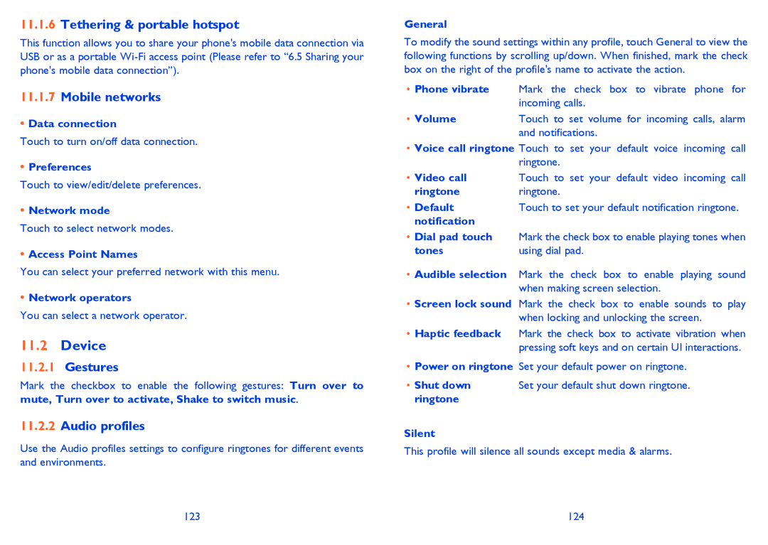 Alcatel 7025D manual Device, Tethering & portable hotspot, Mobile networks, Gestures, Audio profiles 