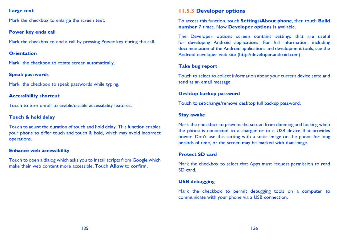 Alcatel 7025D manual Developer options 