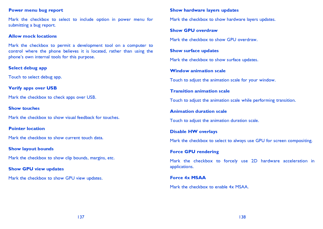 Alcatel 7025D manual Power menu bug report, Allow mock locations, Select debug app, Verify apps over USB, Show touches 