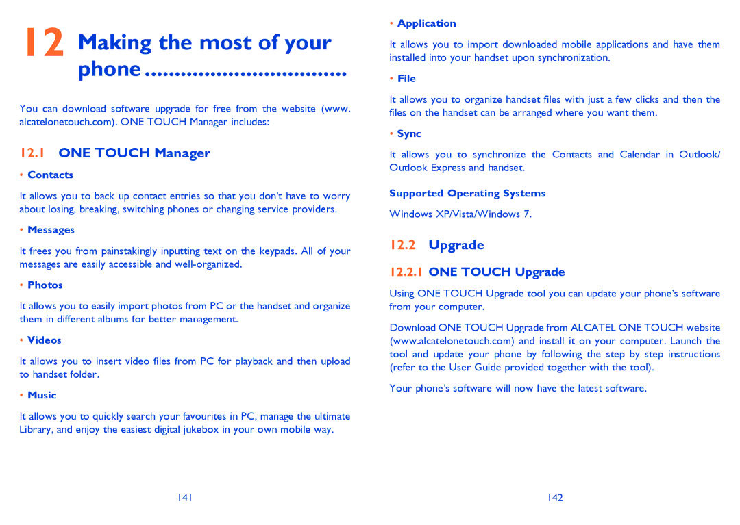 Alcatel 7025D manual Making the most of your Phone, ONE Touch Manager, ONE Touch Upgrade 
