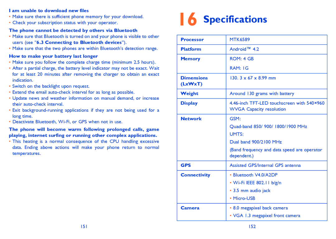 Alcatel 7025D manual Specifications 