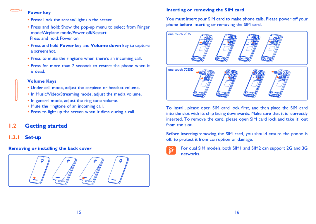 Alcatel 7025D manual Getting started, Set-up, Power key, Volume Keys 