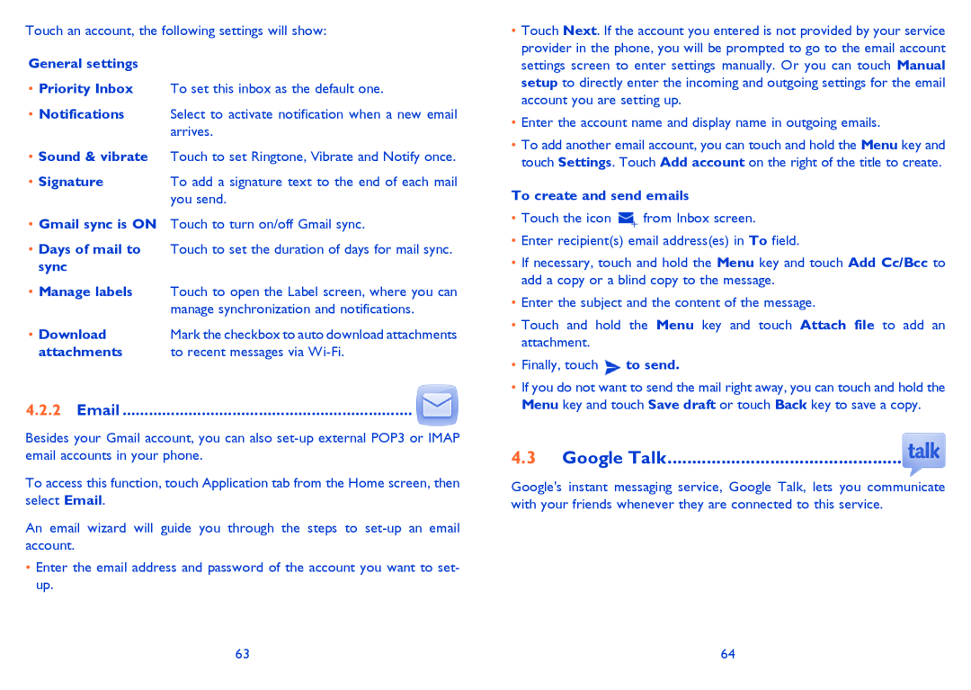 Alcatel 7025D manual Google Talk, Email 
