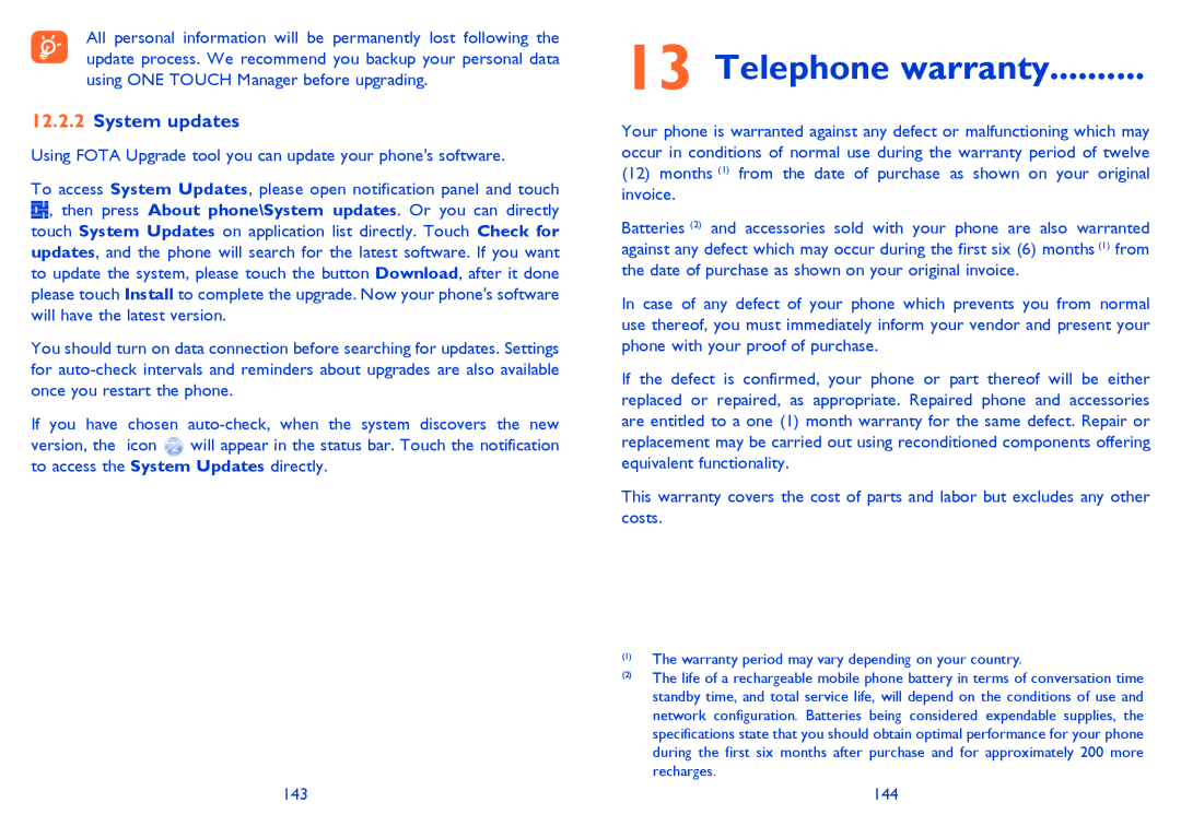 Alcatel 7025D manual Telephone warranty, System updates 