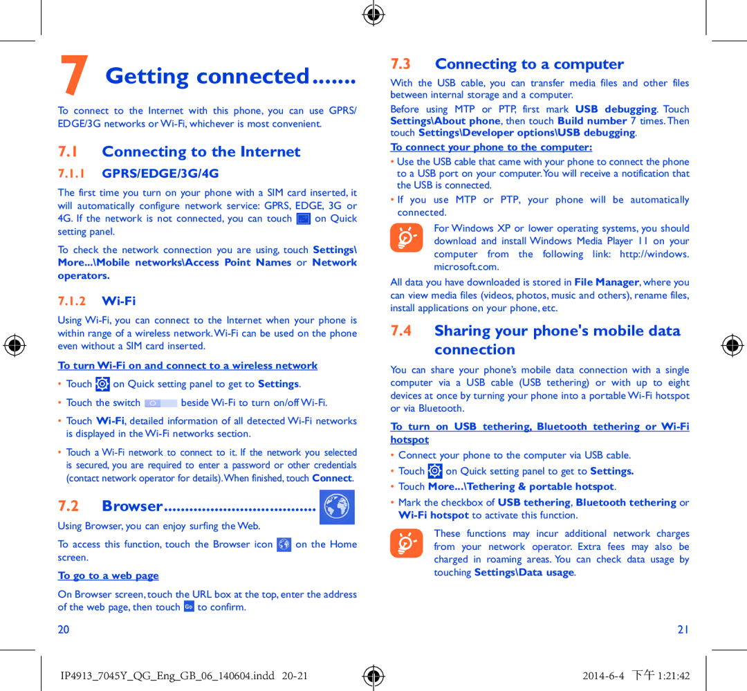 Alcatel 7045Y manual Getting connected, Connecting to the Internet, Browser, Connecting to a computer 