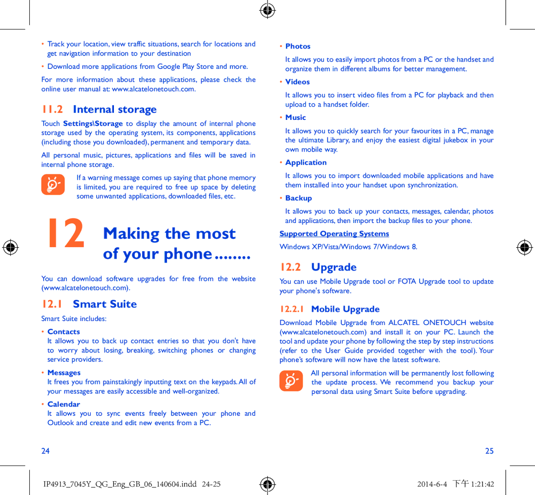 Alcatel 7045Y manual Making the most Your phone, Internal storage, Smart Suite, Mobile Upgrade 
