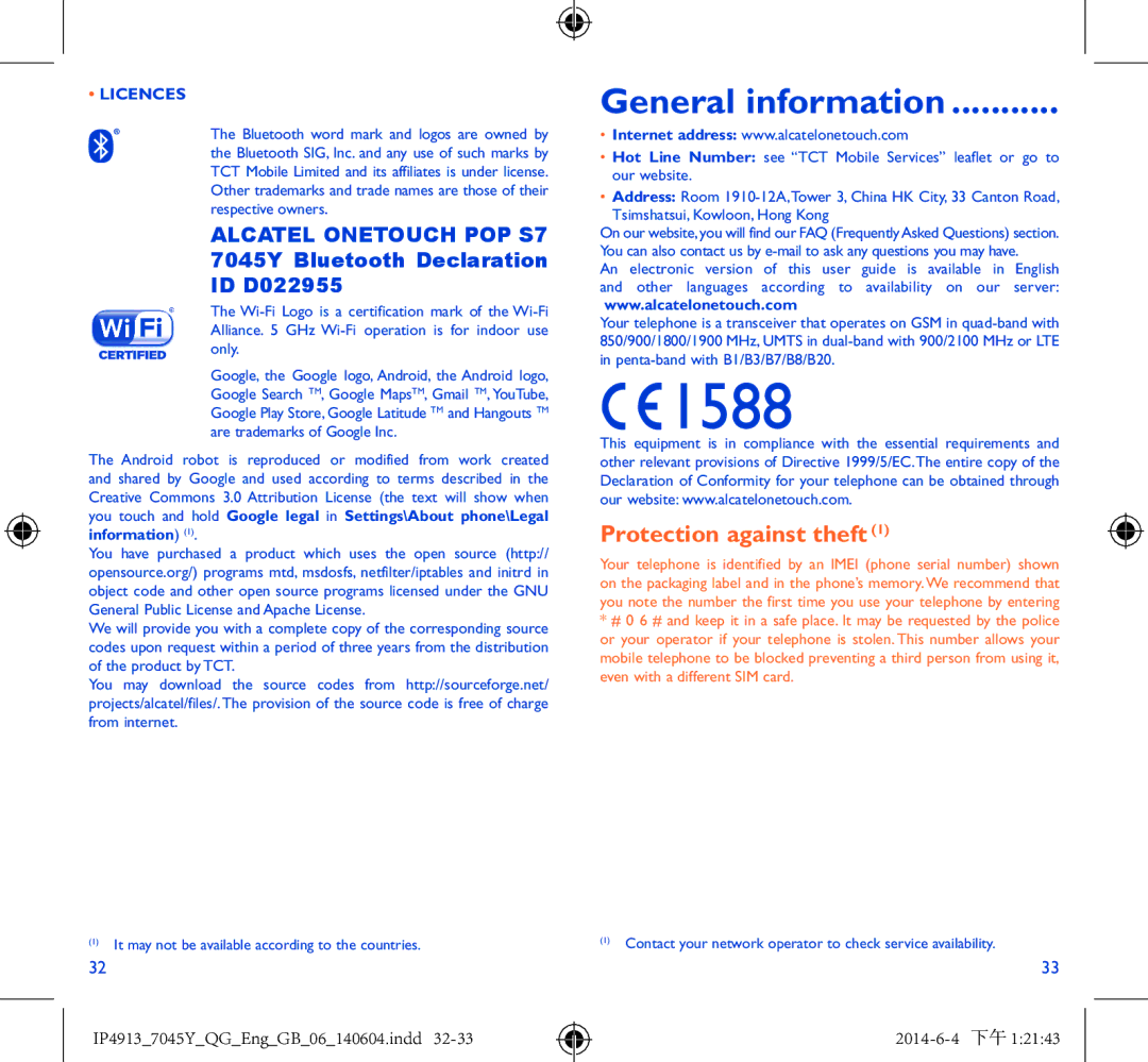 Alcatel 7045Y manual General information, Licences 
