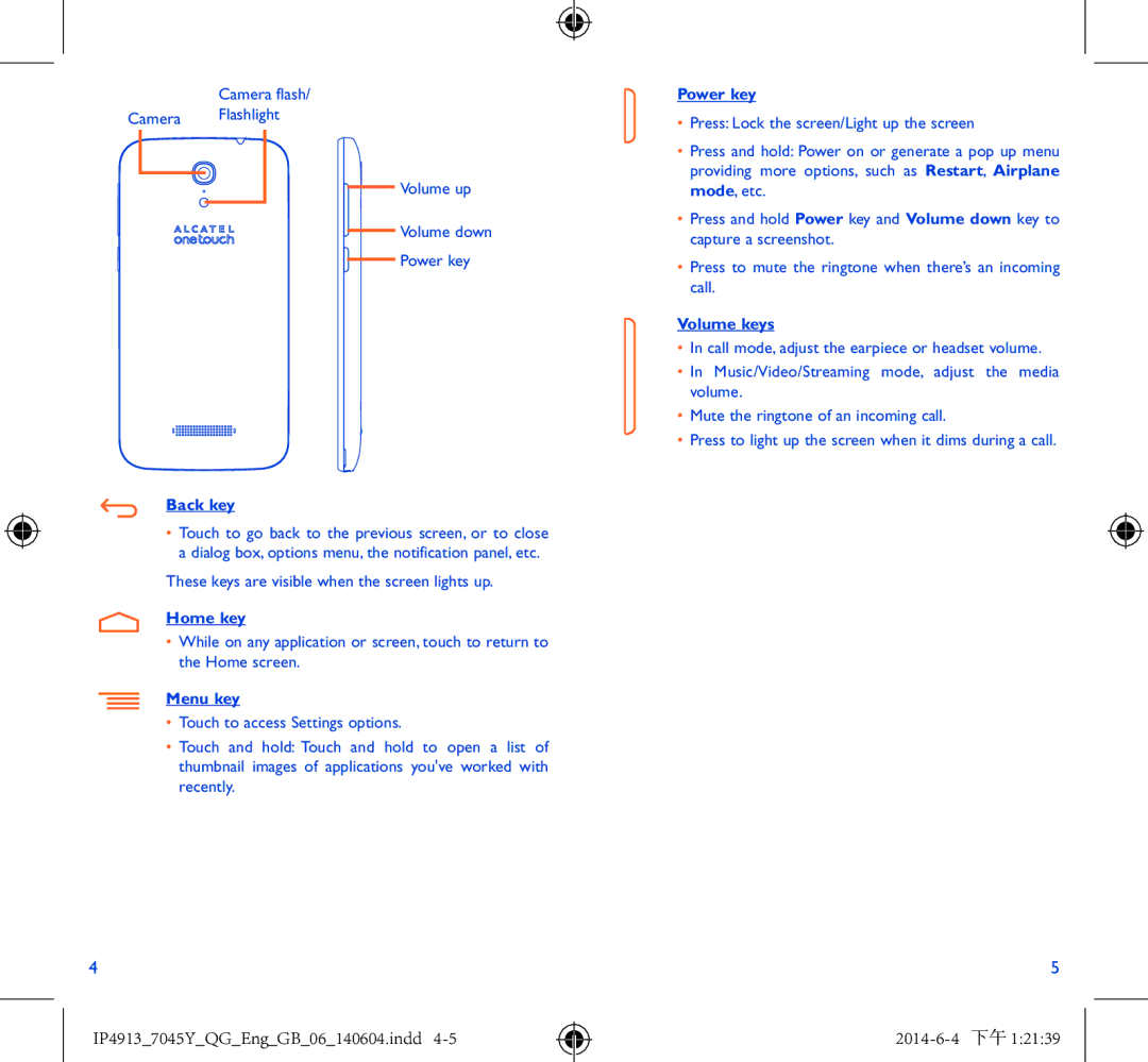 Alcatel 7045Y manual Back key, Home key, Menu key, Power key, Volume keys 