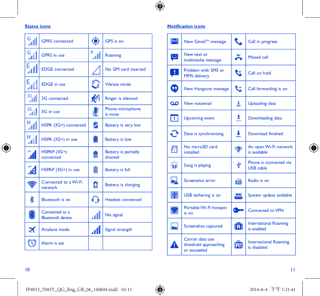 Alcatel 7045Y manual Status icons, Notification icons 