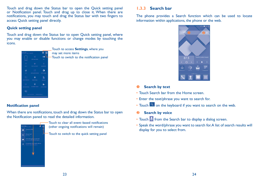 Alcatel 7047D manual Search bar, Quick setting panel, Notification panel,  Search by text,  Search by voice 