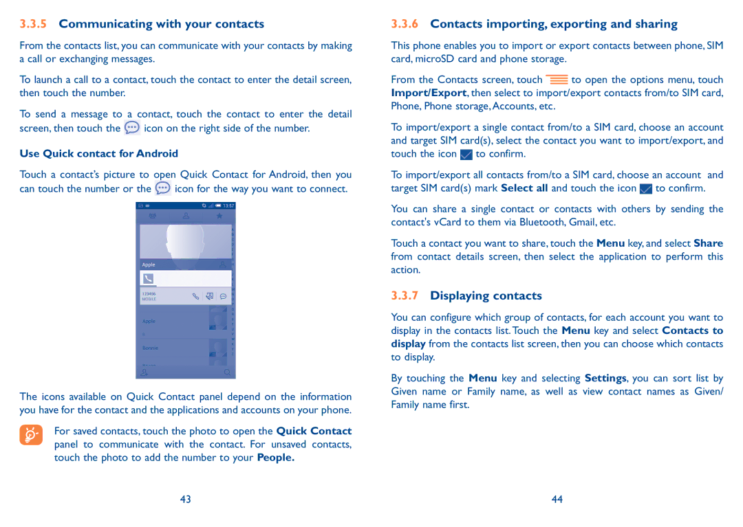 Alcatel 7047D manual Communicating with your contacts, Contacts importing, exporting and sharing, Displaying contacts 