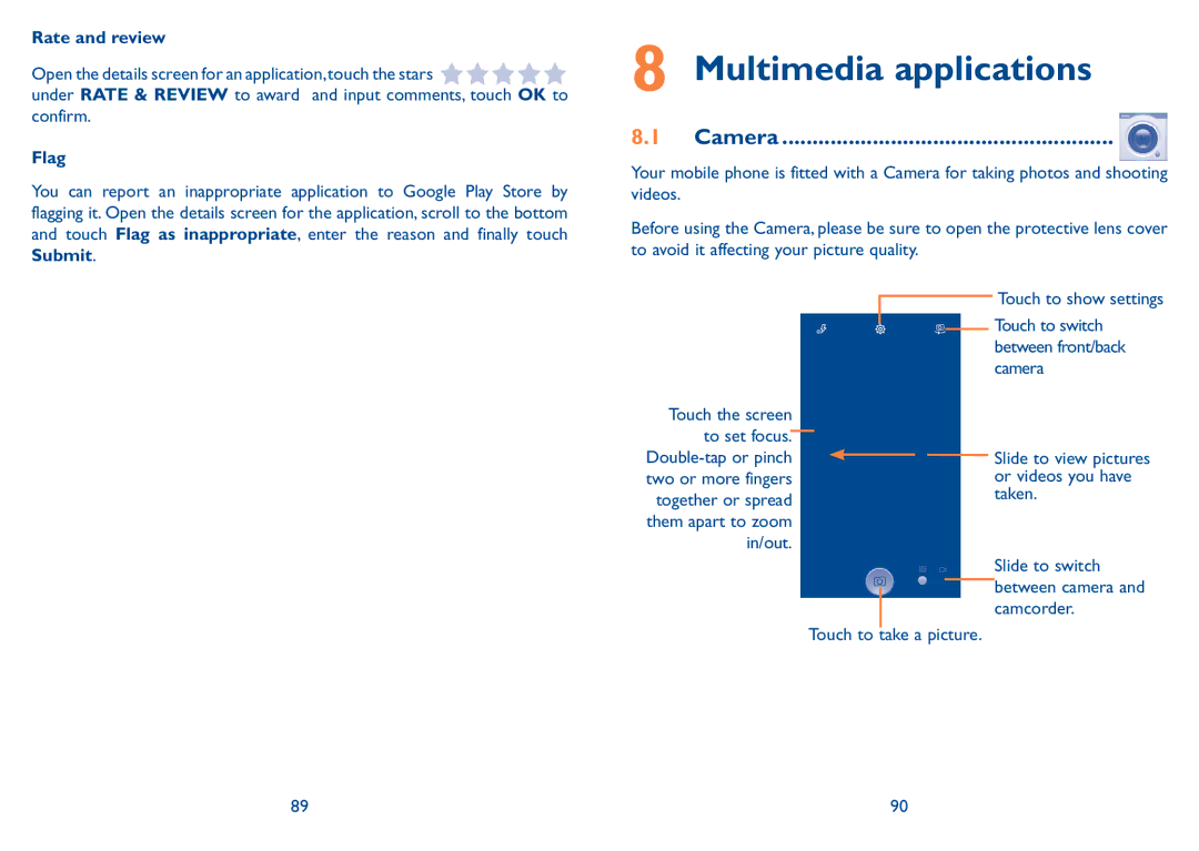 Alcatel 7047D manual Multimedia applications, Camera, Rate and review, Flag 