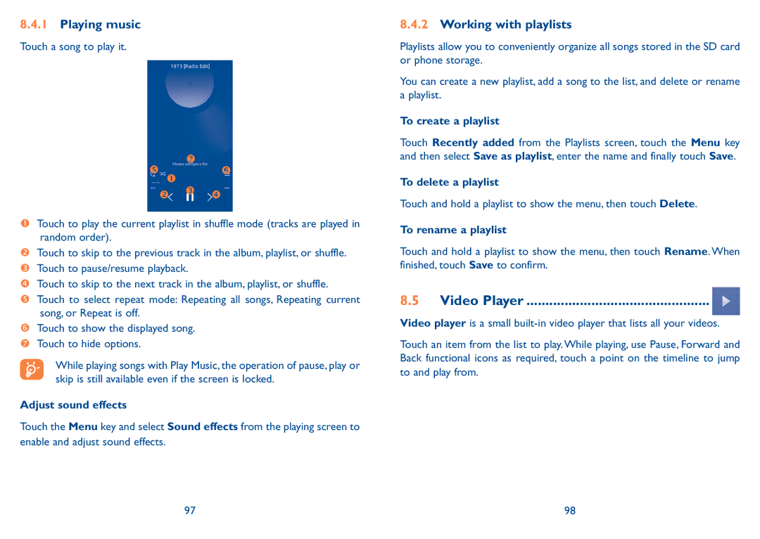 Alcatel 7047D manual Playing music, Working with playlists, Video Player 