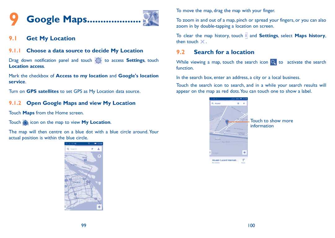 Alcatel 7047D manual Google Maps, Get My Location, Search for a location, Choose a data source to decide My Location 