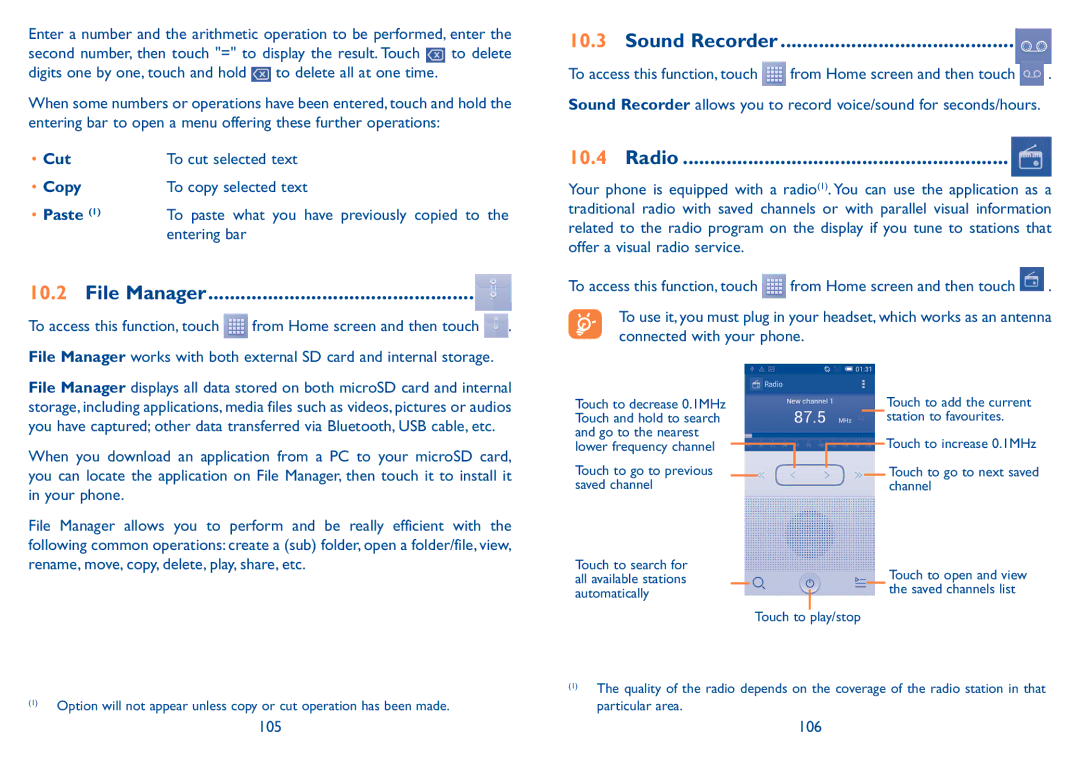 Alcatel 7047D manual File Manager, Sound Recorder, Radio, Cut 