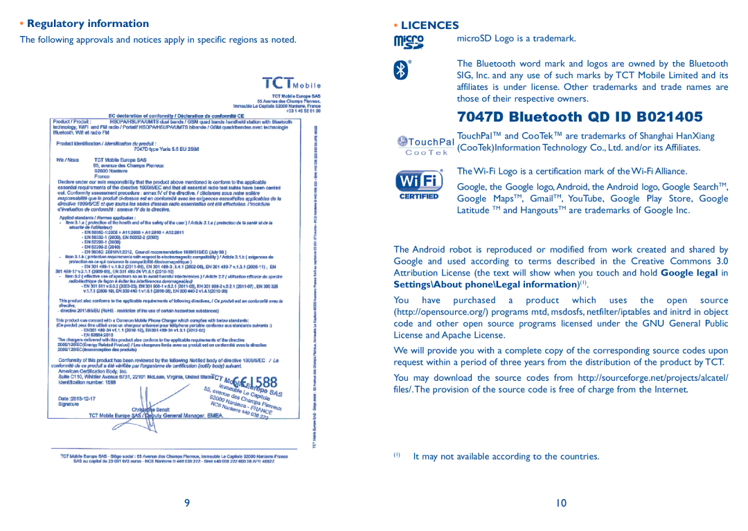 Alcatel manual 7047D Bluetooth QD ID B021405, Regulatory information 