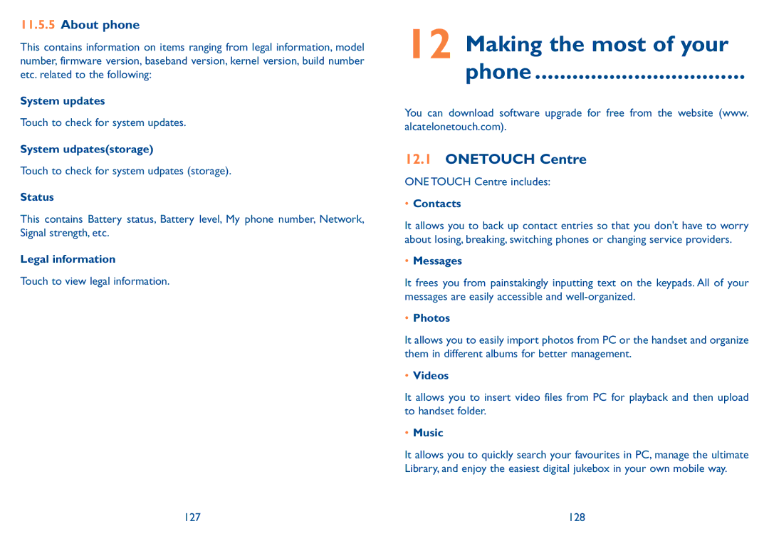 Alcatel 7047D manual Making the most of your Phone, Onetouch Centre, About phone 