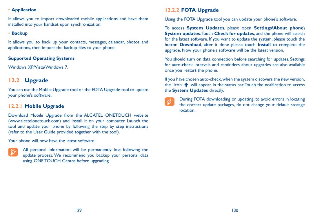 Alcatel 7047D manual Mobile Upgrade, Fota Upgrade 