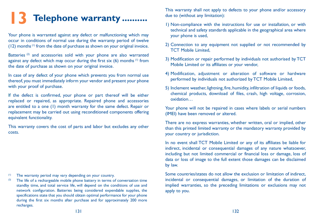 Alcatel 7047D manual Telephone warranty, 132 