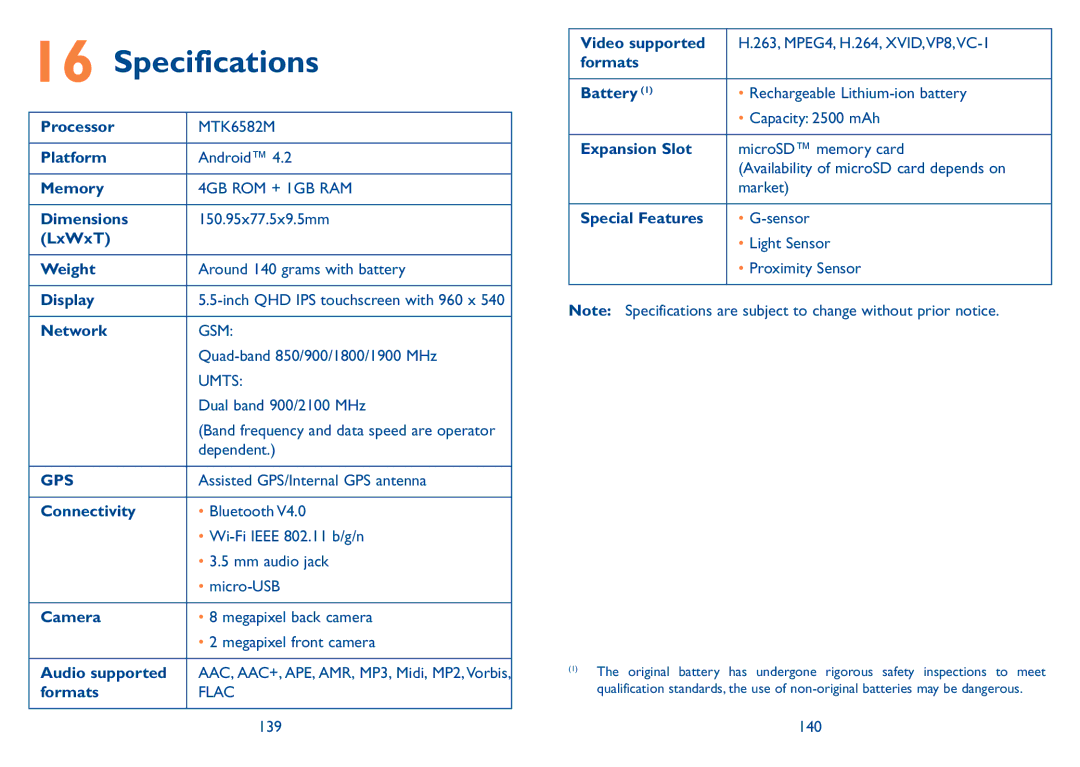 Alcatel 7047D manual Specifications 