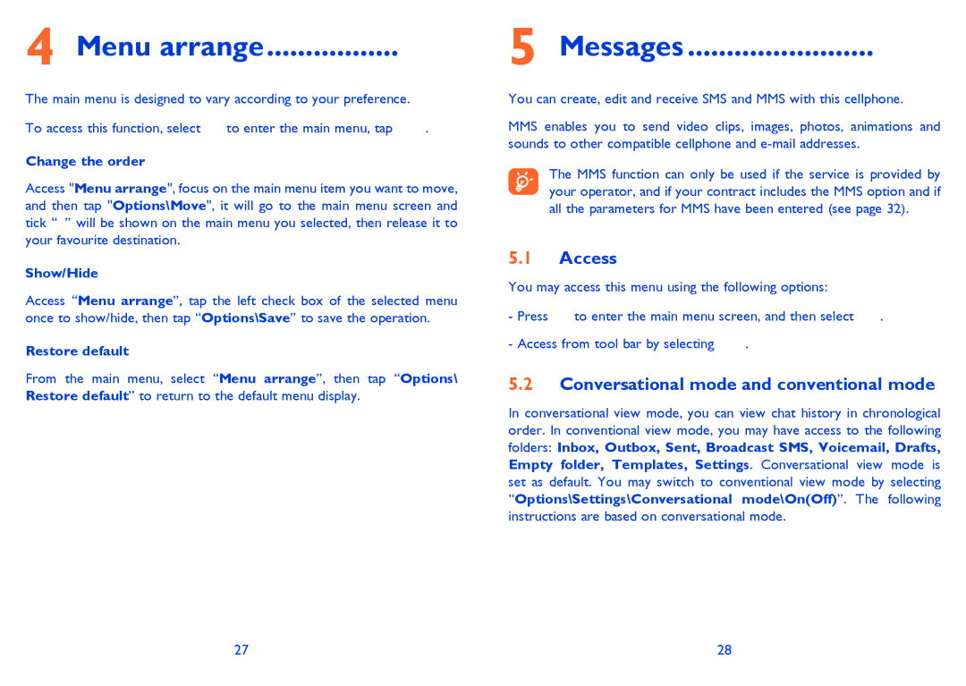 Alcatel 710A manual Menu arrange, Messages, Access, Conversational mode and conventional mode 