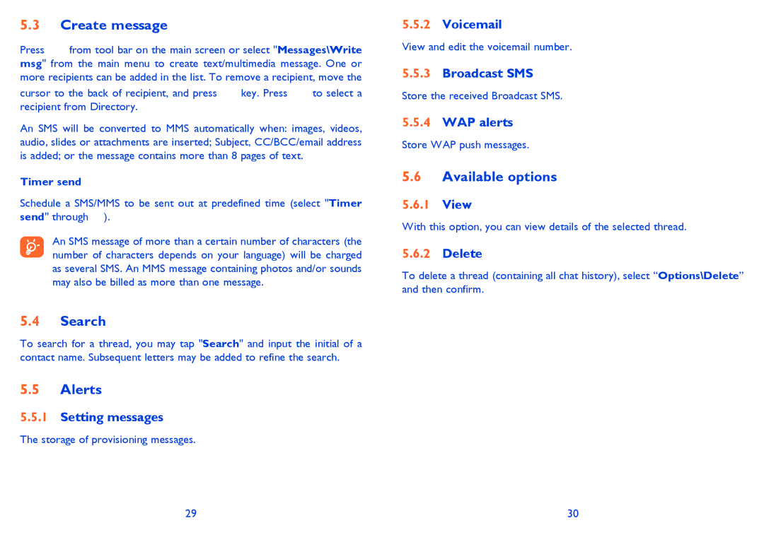 Alcatel 710A manual Create message, Search, Alerts, Available options 
