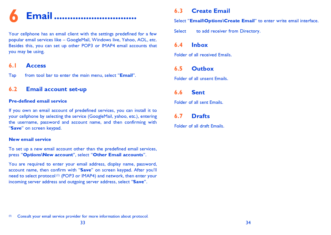 Alcatel 710A manual Email account set-up, Create Email, Inbox, Outbox, Sent, Drafts 