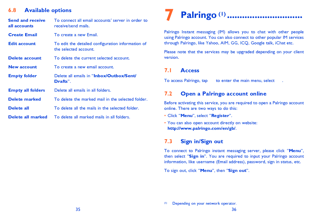 Alcatel 710A manual Open a Palringo account online, Sign in/Sign out, Send and receive, Selected account 