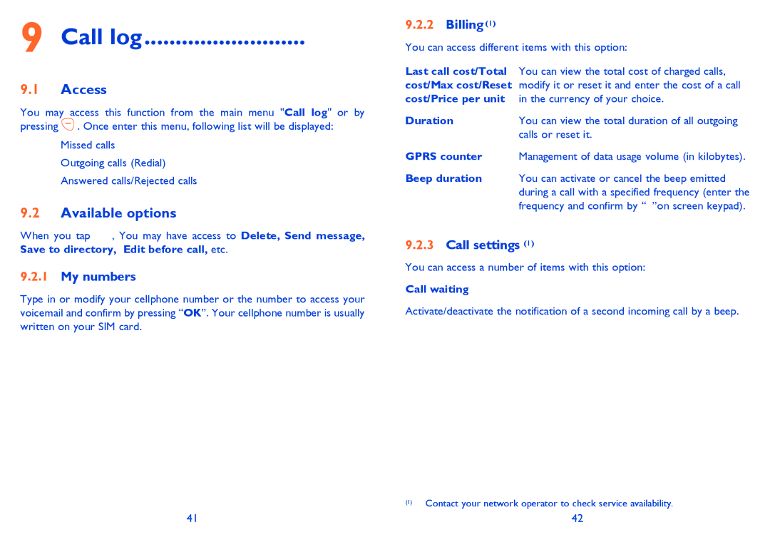 Alcatel 710A manual Call log, My numbers, Billing, Call settings 