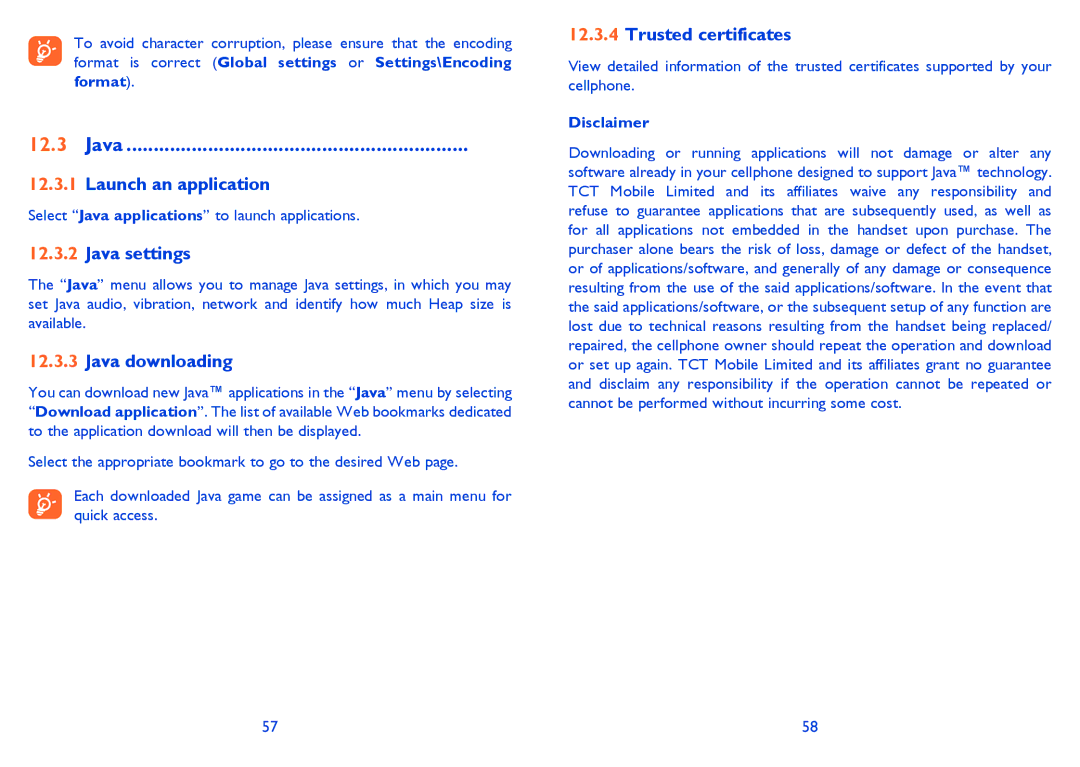 Alcatel 710A manual Launch an application, Java settings, Java downloading, Trusted certificates 