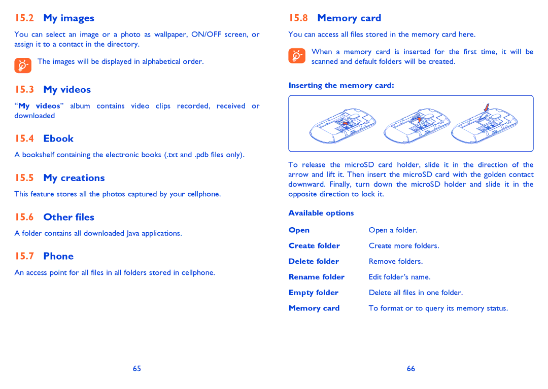 Alcatel 710A manual My images, My videos, My creations, Other files, Phone, Memory card 