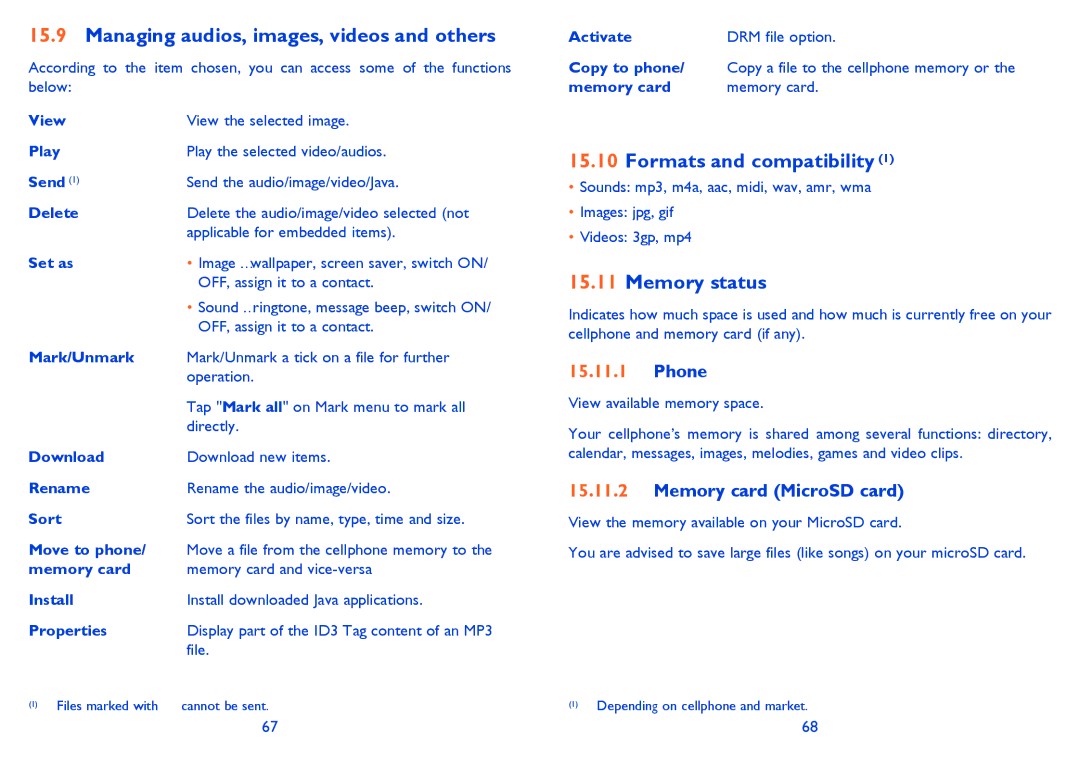 Alcatel 710A manual Managing audios, images, videos and others, Formats and compatibility, Memory status, Phone 