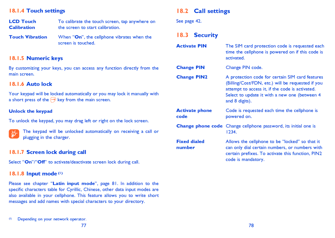 Alcatel 710A manual Call settings, Security 