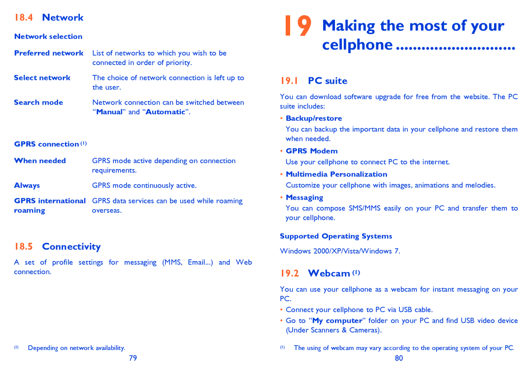 Alcatel 710A manual Making the most of your Cellphone, Network, Connectivity, PC suite, Webcam 